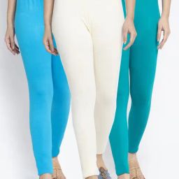 Gracit Off-White & Blue Mid Rise Leggings - Pack Of 3-image-61