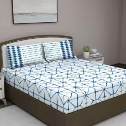 GM 'Serene' Blue & White Cotton 210 TC Double Bedsheet with 2 Pillow Covers-image-24