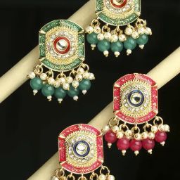 OOMPH Rani Pink & Green Meenakari Ethnic with Kundan & Pearls Drop Earrings - Set of 2-4