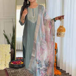 KALINI Geometric Yoke Design Sequinned Straight Kurta With Trousers & Dupatta-13