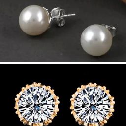 OOMPH Gold Round Crown Cubic Zirconia & White Pearl Stud Earrings - Set of 2-14
