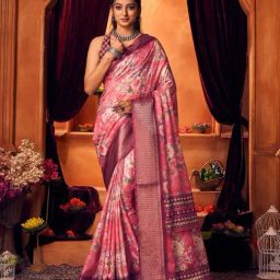 Varanga Pink Floral Print Saree With Unstitched Blouse-image-16