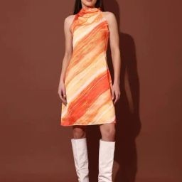 Purvaja Orange Satin Slim Fit Printed Dress-image-9