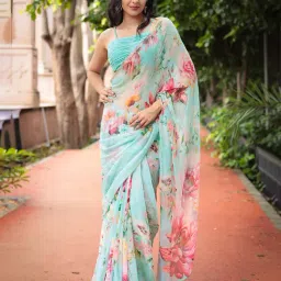 Zari Jaipur Light Green Chiffon Floral Print Saree With Unstitched Blouse-picture-34