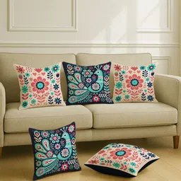 STITCHNEST Black & Pink 5 Pieces Ethnic Motifs Satin Square Cushion Covers-image-29