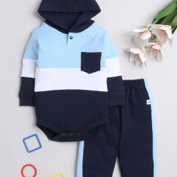 Bumzee Boys Navy & White Color Block Full Sleeves Bodysuit With Joggers-picture-39