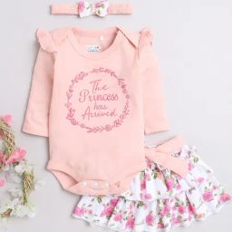 Bumzee Girls Peach & White Embroidered Full Sleeves Bodysuit, Skirt With Headband-image-83