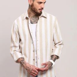 Showoff Cream Cotton Regular Fit Striped Shacket-image-76