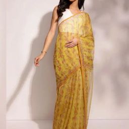 Fabindia Yellow Floral Print Saree Without Blouse-picture-32