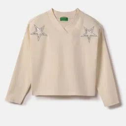 United Colors Of Benetton Girls Beige Cotton Regular Fit Sequin Embroidered T-Shirt-picture-40