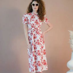 VIRGIO Pink Cotton Floral Short Sleeves Dress-image-69