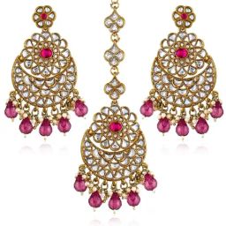 Peora Gold Plated Pink Kundan & Beads Dangler Earrings & Maangtikka Set-14