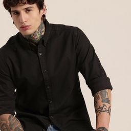 HERE&NOW Pure Cotton Textured Button-Down Collar Casual Shirt-image-75