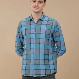 CAVALLO by Linen Club Blue Linen Blend Slim fit Checks casual shirts-picture-33