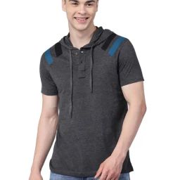 Kalt Dark Grey Melange Regular Fit Striped Hooded T-Shirt-picture-12