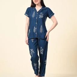 Ichaa Teal Rayon Floral Short sleeves Night Suits-image-86