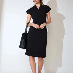 Globus Women Black V-Neck Cap Sleeves Sheath Midi Workwear Dress-image-3