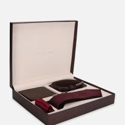Van Heusen Brown Textured Tie with Pocket Square, Cufflink, Belt & Wallet-image-48