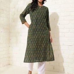 Fabindia Green Cotton Dabu Printed Long Kurta-picture-26