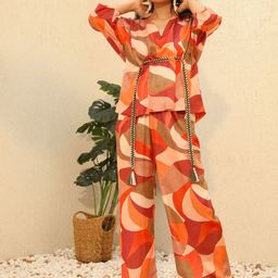 YA-SA Abstract Printed Linen V Neck Top With Trousers-picture-8