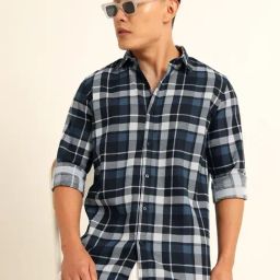 Bushirt Navy Blue 100% Cotton Checked Shirt-image-96