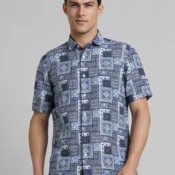 SIMON CARTER LONDON Men Spread Collar Abstract Printed Linen Casual Shirt-image-45