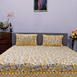 Marika Grey & Yellow Floral 260 TC King Bedsheet with 2 Pillow Covers-15