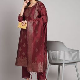 VredeVogel Floral Woven Design Straight Cotton Silk Jacquard Kurta With Trousers & Dupatta-picture-16