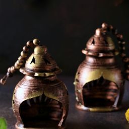 The handicraftian Bronze-Coloured & Gold-Toned 2 Pieces Textured Terracotta Candle Holders-image-66