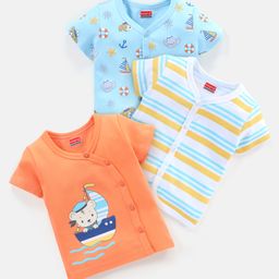 Babyhug 100% Cotton Vests Striped & Boat Print Pack of 3 - Orange Blue & White-image-45