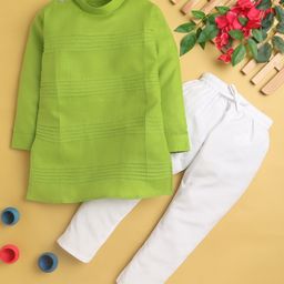 Jeet Ethnics Full Sleeves Double Striped Self Design Kurta & Pyjama - Green-image-27