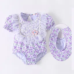Kookie Kids Puffed Sleeves V Cut Swimsuit with Frill Detailing Floral Print - Purple-picture-23