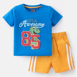 Babyhug Single Jersey Knit Half Sleeves T-Shirt & Shorts Set with Dino & Text  Print - Blue & Orange-image-66