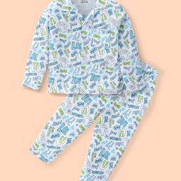 Smarty Boys 100% Cotton Knit Full Sleeves Night Suit With Text Print - Sky Blue-image-28