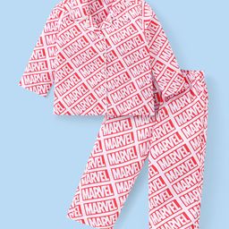 Babyhug Marvel Cotton Woven Front Open Full Sleeves Night Suit With Marvel Avengers  Print - Pink-image-76