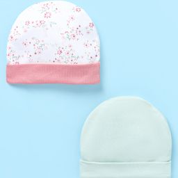 Ben Benny 100% Cotton Knit Round Solid & Floral Print  Cap Pack of 2 White & Pint - Dimension 10 cm-22