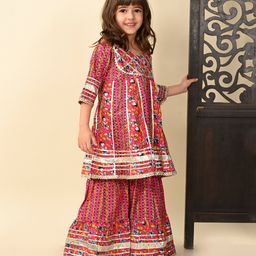 Superminis Three Fourth Sleeves Floral Printed With Gota Lace Detailed Kurti Sharara Set - Pink-image-67