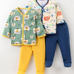 OHMS Single Jersey Knit Full Sleeves Night Suits With Animals Print Pack Of 2 - Yellow & Navy-image-78