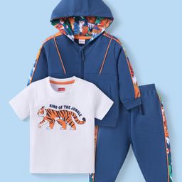 Babyhug Terry Knit Full Sleeves Hooded Jungle & Tiger Printed Sweatjacket & Lounge Pant with T-Shirt - Nay Blue-image-68