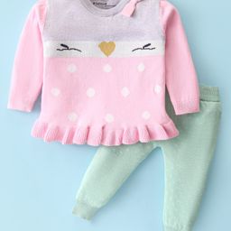 ToffyHouse 100% Cotton Knitted Full Sleeves Top & Lounge Pants Set With Polka Dots Print - Light Pink-picture-41