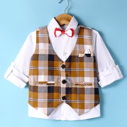 Rikidoos Full Sleeves Solid Shirt With Checked Waistcoat & Bow Set - Khaki & White-image-71