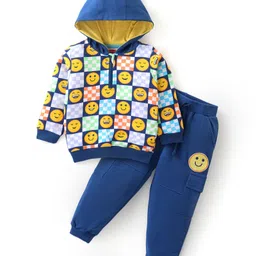 Babyhug Terry Knit Full Sleeves Hooded T-Shirt & Pant Set with Smiley Print - Blue & Yellow-picture-17