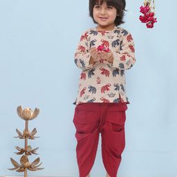 AJ Dezines Pure Cotton Full Sleeves Elephant Printed Dhoti Set - Beige-picture-37