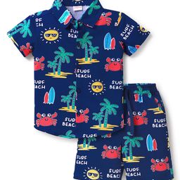 Babyhug Single Jersey Knit Shirt & Shorts Set Beach Theme Print - Navy Blue-image-0