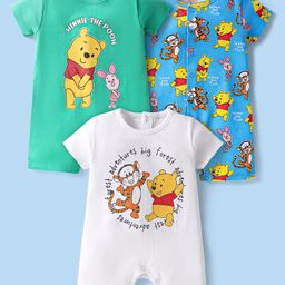 Babyhug Disney Interlock Knit Half Sleeves Rompers with Winnie the Pooh Graphics Pack of 3 - White Green & Light Blue-image-29