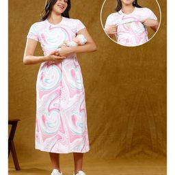 True Shape Embosis Hoseiry Half Sleeves Abstract Printed Maternity Dress With Zipless Nursing Access - Pink-image-78