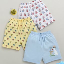 BUMZEE Cotton Knit Above Knee Length Palm Tree & Panda Printed Shorts Pack of 3 - Sky Blue Yellow & White-image-87