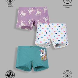 TRESNOVA Pack Of 3 Cotton Lycra Anti Microbial Finish & Smart Waistband Technology Unicorn & Polka Dots Printed Soft Boxer Panties - White Purple & Blue-image-96