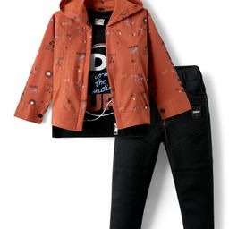 Dapper Dudes Full Sleeves Typography Printed Hooded Jacket With Tee & Pant - Dark Orange-image-10