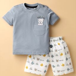 Mini Taurus Sinker Knit Half Sleeves T-Shirt & Short Set With Animal Print - Light Blue-image-81